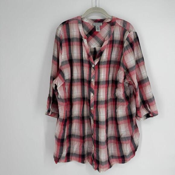 Catherines top 1x red plaid check 3/4 sleeve plus office career business fall - Picture 1 of 4